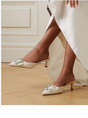 XYD White Pointed Toe Mules with Crystal Buckle Kitten Low Heel Slip On Pumps